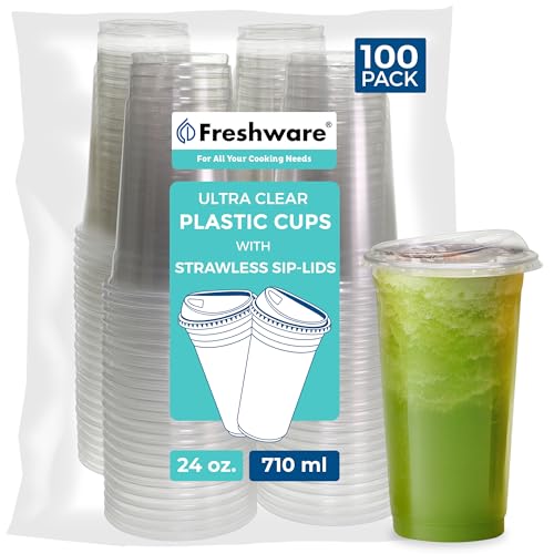 Freshware 24 oz Clear Disposable Plastic Cups with Strawless Sip Lids 100 Pack Clear Plastic Tumblers Heavyduty Party Glasses Disposable Cups for Thanksgiving Halloween Christmas Party